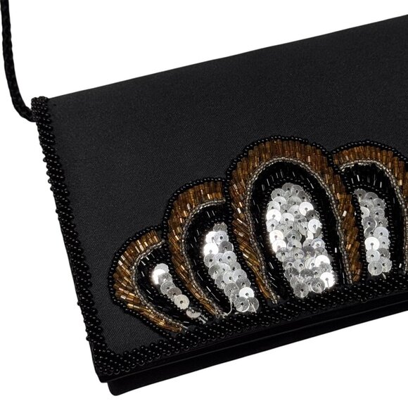 VTG Small Evening Bag Black Satin Embellished Beaded Sequins Event Glam - Picture 4 of 10